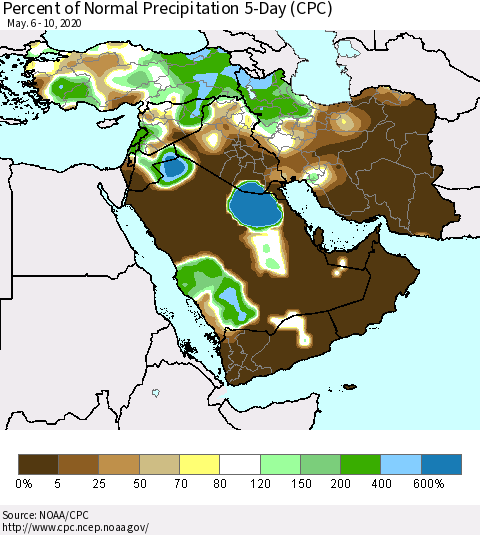 Middle East and Turkey Percent of Normal Precipitation 5-Day (CPC) Thematic Map For 5/6/2020 - 5/10/2020