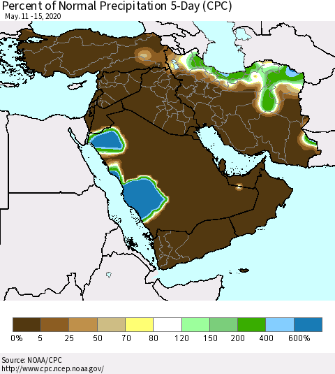 Middle East and Turkey Percent of Normal Precipitation 5-Day (CPC) Thematic Map For 5/11/2020 - 5/15/2020
