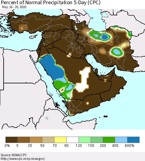Middle East and Turkey Percent of Normal Precipitation 5-Day (CPC) Thematic Map For 5/16/2020 - 5/20/2020