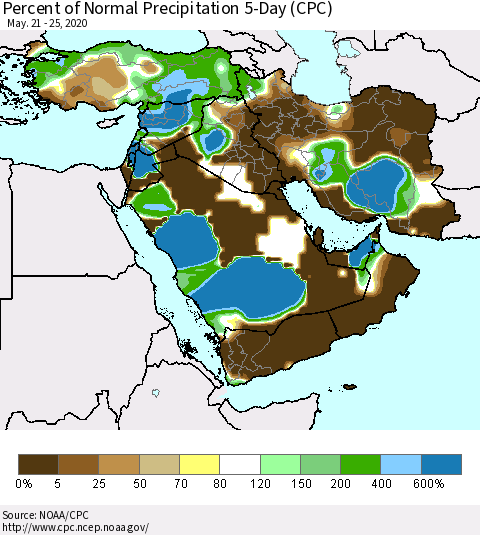 Middle East and Turkey Percent of Normal Precipitation 5-Day (CPC) Thematic Map For 5/21/2020 - 5/25/2020