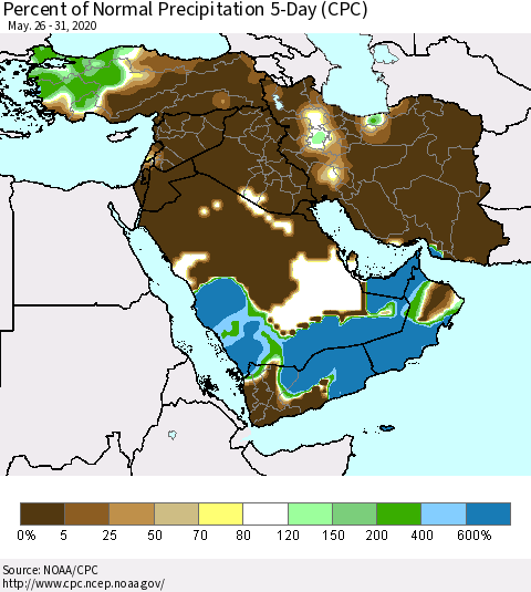 Middle East and Turkey Percent of Normal Precipitation 5-Day (CPC) Thematic Map For 5/26/2020 - 5/31/2020