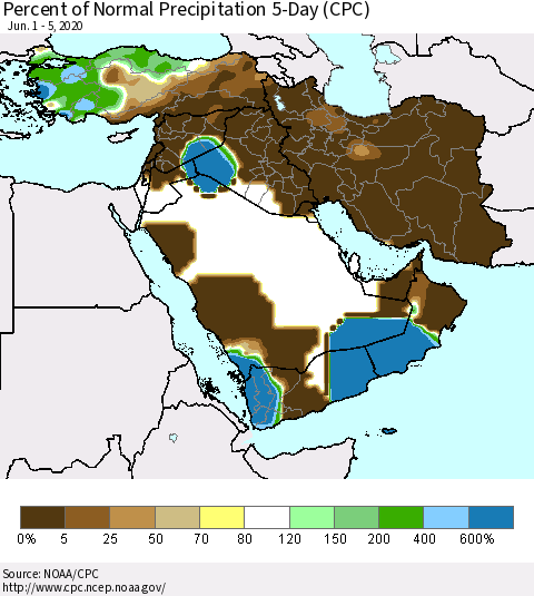 Middle East and Turkey Percent of Normal Precipitation 5-Day (CPC) Thematic Map For 6/1/2020 - 6/5/2020