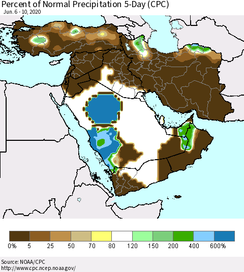 Middle East and Turkey Percent of Normal Precipitation 5-Day (CPC) Thematic Map For 6/6/2020 - 6/10/2020