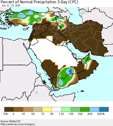 Middle East and Turkey Percent of Normal Precipitation 5-Day (CPC) Thematic Map For 6/11/2020 - 6/15/2020