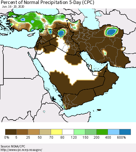 Middle East and Turkey Percent of Normal Precipitation 5-Day (CPC) Thematic Map For 6/16/2020 - 6/20/2020