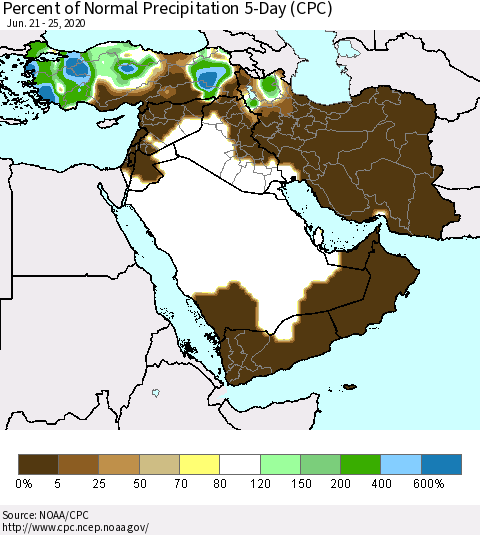 Middle East and Turkey Percent of Normal Precipitation 5-Day (CPC) Thematic Map For 6/21/2020 - 6/25/2020