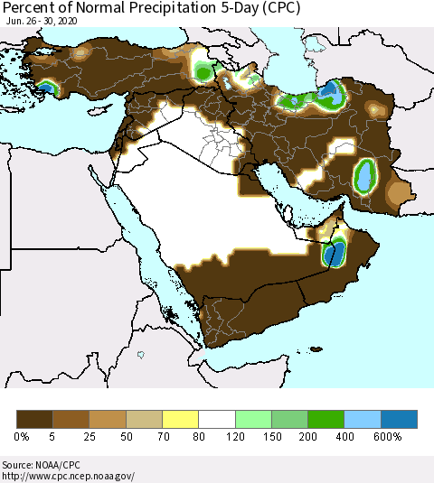 Middle East and Turkey Percent of Normal Precipitation 5-Day (CPC) Thematic Map For 6/26/2020 - 6/30/2020