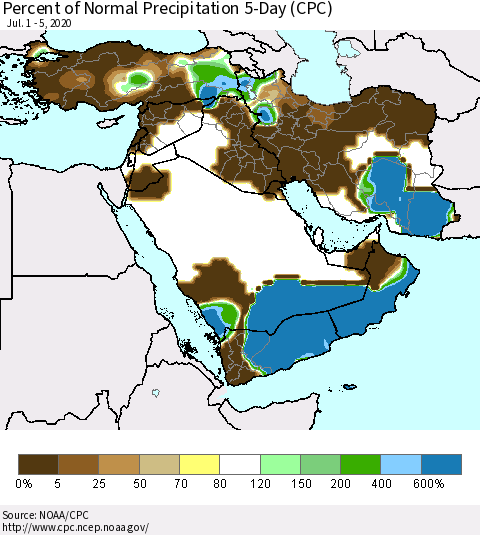 Middle East and Turkey Percent of Normal Precipitation 5-Day (CPC) Thematic Map For 7/1/2020 - 7/5/2020