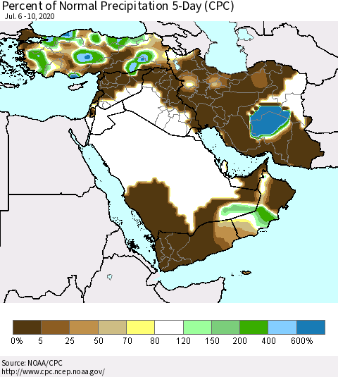 Middle East and Turkey Percent of Normal Precipitation 5-Day (CPC) Thematic Map For 7/6/2020 - 7/10/2020