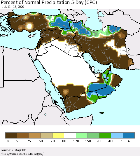 Middle East and Turkey Percent of Normal Precipitation 5-Day (CPC) Thematic Map For 7/11/2020 - 7/15/2020