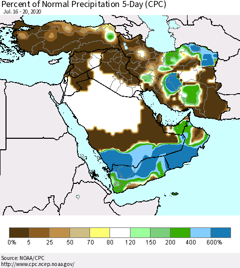 Middle East and Turkey Percent of Normal Precipitation 5-Day (CPC) Thematic Map For 7/16/2020 - 7/20/2020