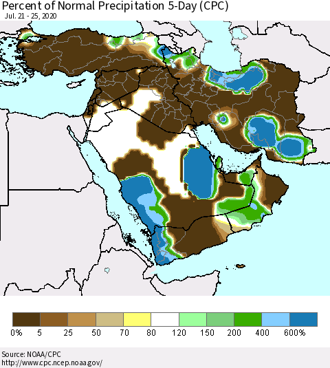 Middle East and Turkey Percent of Normal Precipitation 5-Day (CPC) Thematic Map For 7/21/2020 - 7/25/2020