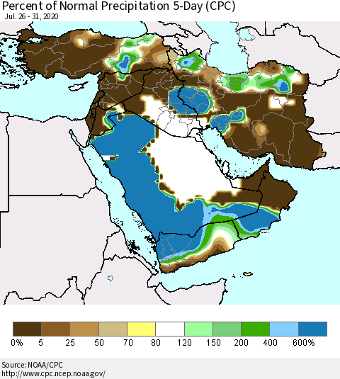 Middle East and Turkey Percent of Normal Precipitation 5-Day (CPC) Thematic Map For 7/26/2020 - 7/31/2020
