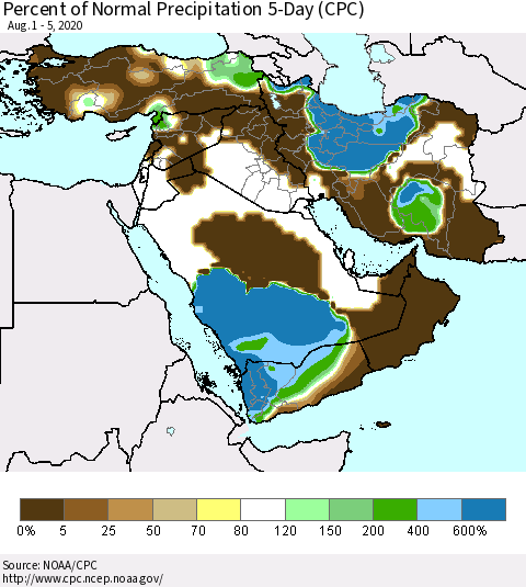 Middle East and Turkey Percent of Normal Precipitation 5-Day (CPC) Thematic Map For 8/1/2020 - 8/5/2020