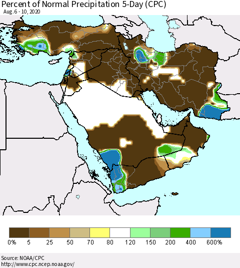 Middle East and Turkey Percent of Normal Precipitation 5-Day (CPC) Thematic Map For 8/6/2020 - 8/10/2020