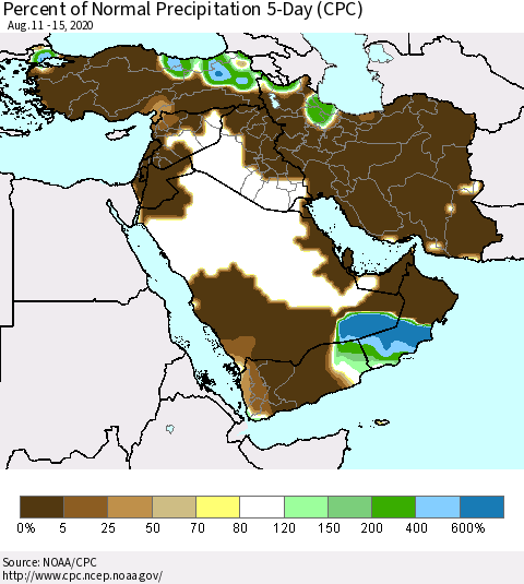 Middle East and Turkey Percent of Normal Precipitation 5-Day (CPC) Thematic Map For 8/11/2020 - 8/15/2020
