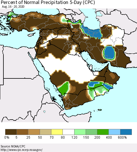 Middle East and Turkey Percent of Normal Precipitation 5-Day (CPC) Thematic Map For 8/16/2020 - 8/20/2020