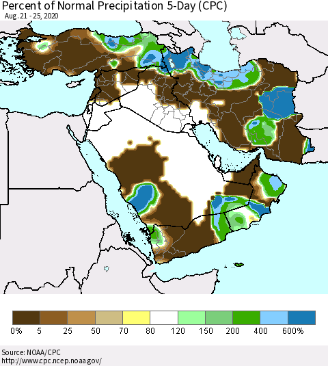 Middle East and Turkey Percent of Normal Precipitation 5-Day (CPC) Thematic Map For 8/21/2020 - 8/25/2020