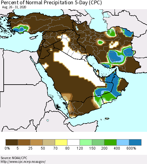 Middle East and Turkey Percent of Normal Precipitation 5-Day (CPC) Thematic Map For 8/26/2020 - 8/31/2020