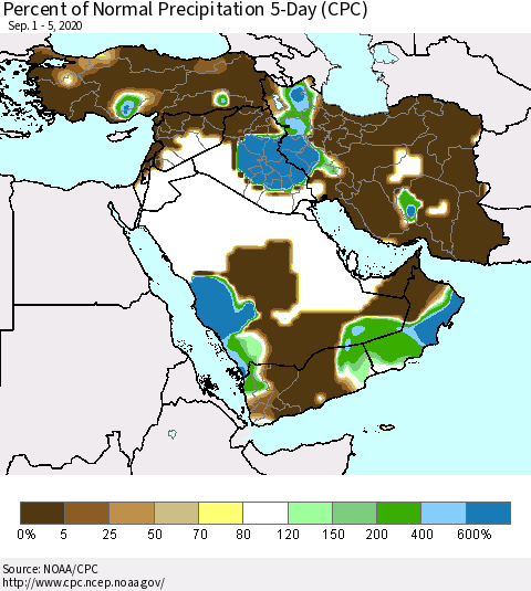 Middle East and Turkey Percent of Normal Precipitation 5-Day (CPC) Thematic Map For 9/1/2020 - 9/5/2020