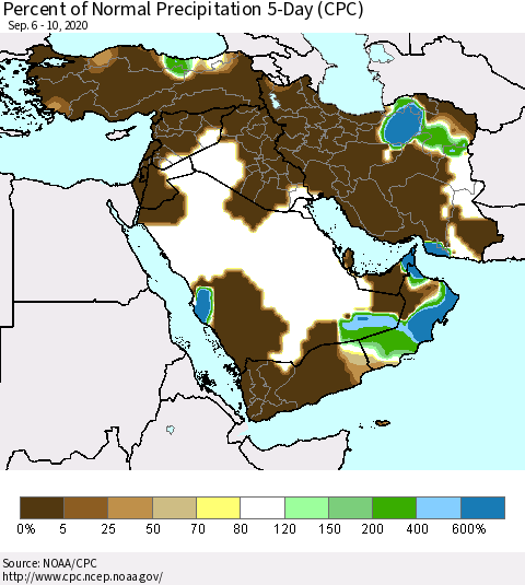 Middle East and Turkey Percent of Normal Precipitation 5-Day (CPC) Thematic Map For 9/6/2020 - 9/10/2020