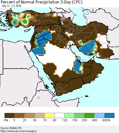 Middle East and Turkey Percent of Normal Precipitation 5-Day (CPC) Thematic Map For 9/11/2020 - 9/15/2020