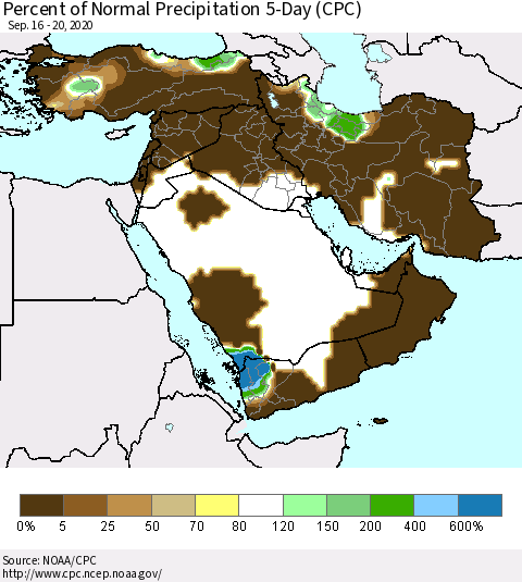 Middle East and Turkey Percent of Normal Precipitation 5-Day (CPC) Thematic Map For 9/16/2020 - 9/20/2020