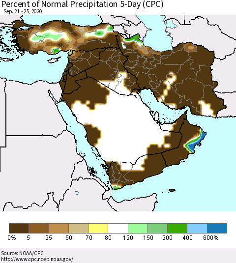Middle East and Turkey Percent of Normal Precipitation 5-Day (CPC) Thematic Map For 9/21/2020 - 9/25/2020