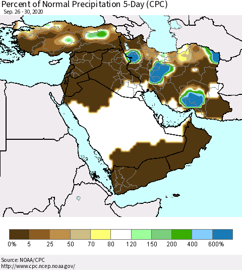 Middle East and Turkey Percent of Normal Precipitation 5-Day (CPC) Thematic Map For 9/26/2020 - 9/30/2020