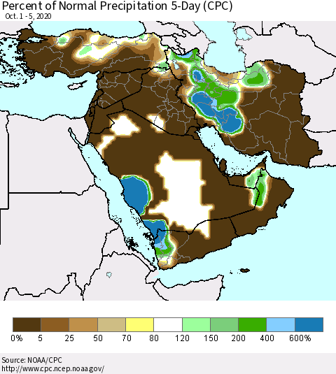 Middle East and Turkey Percent of Normal Precipitation 5-Day (CPC) Thematic Map For 10/1/2020 - 10/5/2020