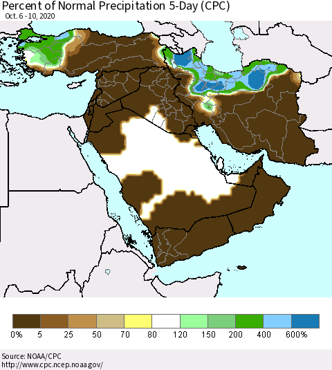 Middle East and Turkey Percent of Normal Precipitation 5-Day (CPC) Thematic Map For 10/6/2020 - 10/10/2020