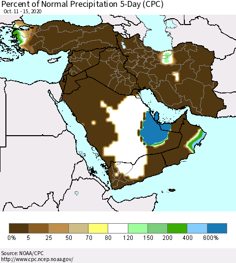 Middle East and Turkey Percent of Normal Precipitation 5-Day (CPC) Thematic Map For 10/11/2020 - 10/15/2020