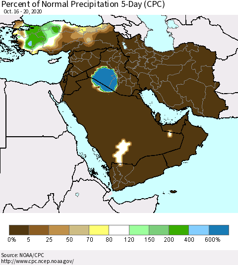 Middle East and Turkey Percent of Normal Precipitation 5-Day (CPC) Thematic Map For 10/16/2020 - 10/20/2020