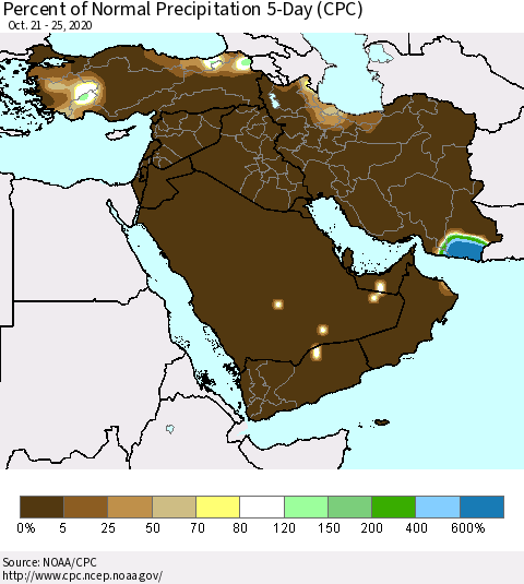 Middle East and Turkey Percent of Normal Precipitation 5-Day (CPC) Thematic Map For 10/21/2020 - 10/25/2020