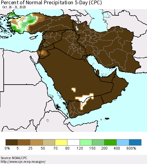 Middle East and Turkey Percent of Normal Precipitation 5-Day (CPC) Thematic Map For 10/26/2020 - 10/31/2020