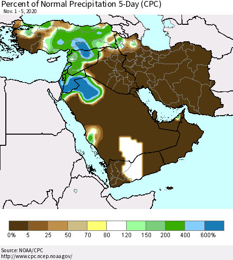 Middle East and Turkey Percent of Normal Precipitation 5-Day (CPC) Thematic Map For 11/1/2020 - 11/5/2020