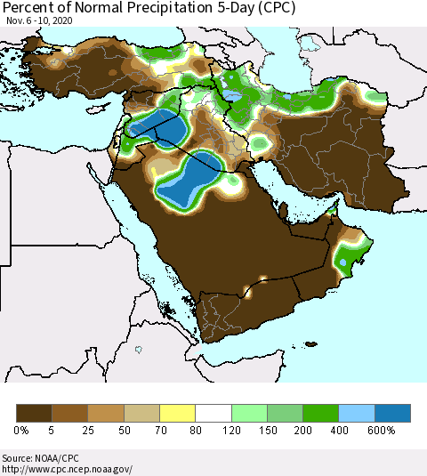 Middle East and Turkey Percent of Normal Precipitation 5-Day (CPC) Thematic Map For 11/6/2020 - 11/10/2020