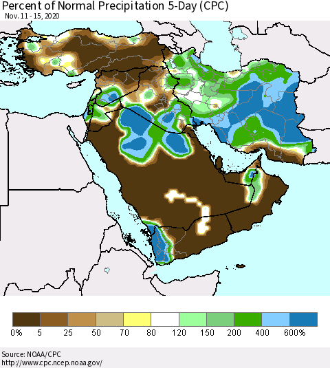 Middle East and Turkey Percent of Normal Precipitation 5-Day (CPC) Thematic Map For 11/11/2020 - 11/15/2020