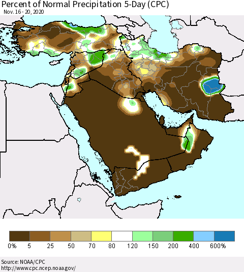 Middle East and Turkey Percent of Normal Precipitation 5-Day (CPC) Thematic Map For 11/16/2020 - 11/20/2020