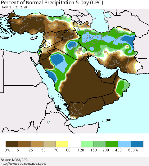 Middle East and Turkey Percent of Normal Precipitation 5-Day (CPC) Thematic Map For 11/21/2020 - 11/25/2020