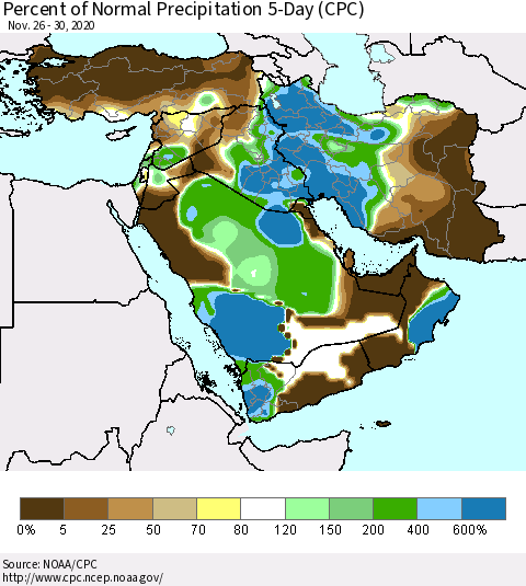 Middle East and Turkey Percent of Normal Precipitation 5-Day (CPC) Thematic Map For 11/26/2020 - 11/30/2020