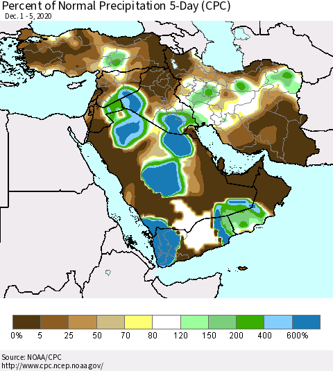 Middle East and Turkey Percent of Normal Precipitation 5-Day (CPC) Thematic Map For 12/1/2020 - 12/5/2020