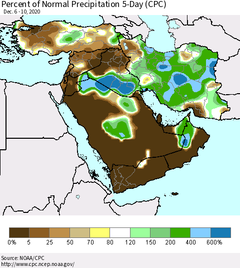 Middle East and Turkey Percent of Normal Precipitation 5-Day (CPC) Thematic Map For 12/6/2020 - 12/10/2020