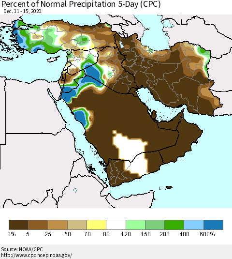 Middle East and Turkey Percent of Normal Precipitation 5-Day (CPC) Thematic Map For 12/11/2020 - 12/15/2020