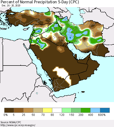 Middle East and Turkey Percent of Normal Precipitation 5-Day (CPC) Thematic Map For 12/16/2020 - 12/20/2020