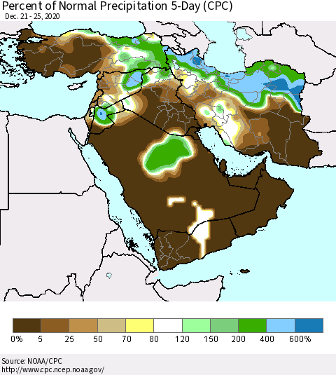 Middle East and Turkey Percent of Normal Precipitation 5-Day (CPC) Thematic Map For 12/21/2020 - 12/25/2020