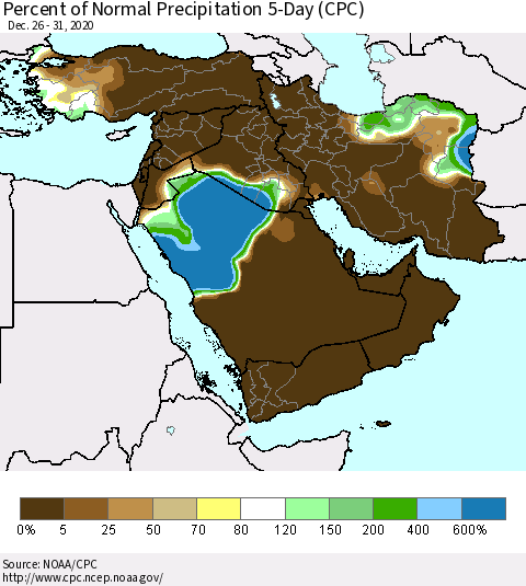 Middle East and Turkey Percent of Normal Precipitation 5-Day (CPC) Thematic Map For 12/26/2020 - 12/31/2020
