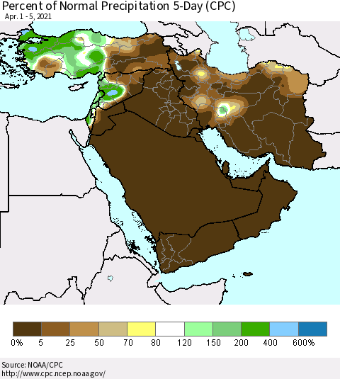 Middle East and Turkey Percent of Normal Precipitation 5-Day (CPC) Thematic Map For 4/1/2021 - 4/5/2021