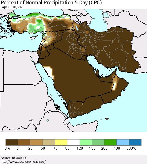 Middle East and Turkey Percent of Normal Precipitation 5-Day (CPC) Thematic Map For 4/6/2021 - 4/10/2021