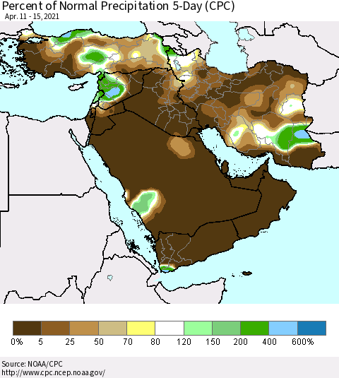 Middle East and Turkey Percent of Normal Precipitation 5-Day (CPC) Thematic Map For 4/11/2021 - 4/15/2021